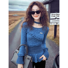 批发原版面料韩系蓝色不规则长袖t恤女秋冬季修身内搭针织<b class='q'>打底衫</b>上衣