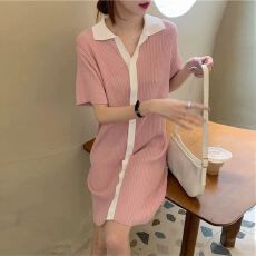 批发polo领冰丝针织连衣裙女夏季小个子短款休闲简约宽松心机小黑裙