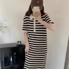 批发2026年新款polo领针织<b class='q'>条纹</b>显瘦连衣裙韩版女中<b class='q'>长裙</b>慵懒宽松裙子