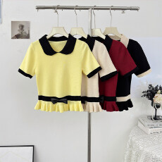 批发甜美撞色蝴蝶结娃娃领短袖针织T恤女夏季2026设计感收腰显瘦<b class='q'>上衣</b>