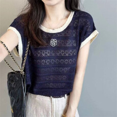 批发2026年新款韩系设计感撞色镂空花边小飞袖上衣<b class='q'>针织衫</b>薄款短袖女夏