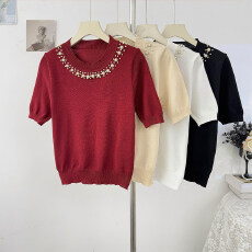 法式重工钉珠圆领短袖针织衫女夏2026高级感气质修身显瘦减龄上衣