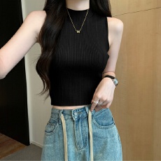 批发半高领针织背心女<b class='q'>夏季</b>新款修身外穿<b class='q'>小西装</b>内搭短款坑条无袖上衣