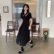 批发日系复古学院风海军领连衣裙收腰显瘦V领法式初恋泡泡袖大码短裙