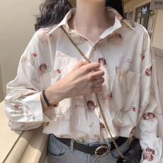 批发日系灯笼袖天使印花BF风复古港味少女<b class='q'>防晒</b>衣衬衣上衣长袖雪纺衬衫