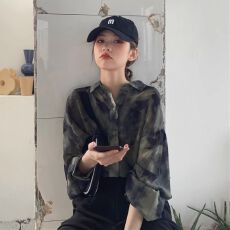 批发秋季2026新款复古港味宽松中长款BF风水墨印花长袖<b class='q'>防晒</b>衬衫上衣女