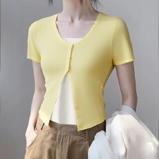 批发纯欲撞色假两件短袖T恤通勤内女夏季<b class='q'>针织</b>设计感修身短款上衣外穿