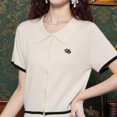 批发2026年夏季百搭韩版气质减龄Polo领刺绣撞色边短袖冰爽丝<b class='q'>针织</b><b class='q'>开衫</b>