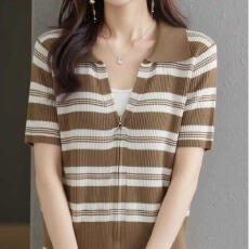 批发2026年夏季韩版百搭新款时尚翻领撞色条纹拉链冰爽丝<b class='q'>针织</b>短袖<b class='q'>开衫</b>