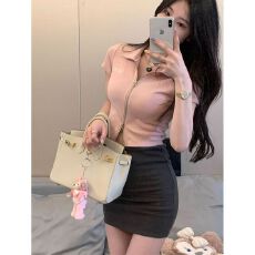 批发【螺纹面料】 Polo领显瘦t恤女甜美百搭短款上衣夏季新款短袖