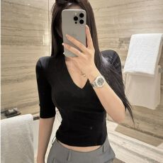 批发【随心裁】夏季<b class='q'>新款</b>深v领正肩气质半袖辣妹纯欲风修身<b class='q'>打底衫</b>女t恤