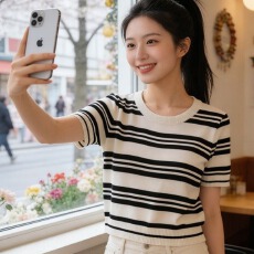 批发设计感条纹短袖针织衫女夏季冰丝<b class='q'>韩版</b>小个子新款高腰显瘦上衣韩风