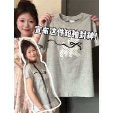 批发原版面料韩式休闲风可爱小狗蝴蝶结短袖女夏修身显瘦百搭通勤上衣
