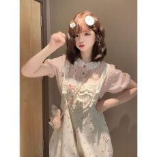 批发初夏<b class='q'>日系</b><b class='q'>甜美</b>可爱风爱心大蝴蝶结背带卡通裤+粉色衬衫女两件套装