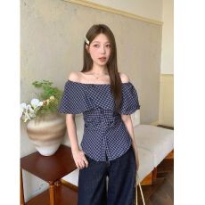 批发夏季新款法式独特蕾丝<b class='q'>衬衣</b>蓝色格子<b class='q'>上衣</b>设计感小众宽松无袖<b class='q'>衬衫</b>女