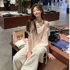 批发纯欲露新款抽绳短袖甜美女夏T恤夏季宽松蝴蝶<b class='q'>印花</b>别致设计上衣