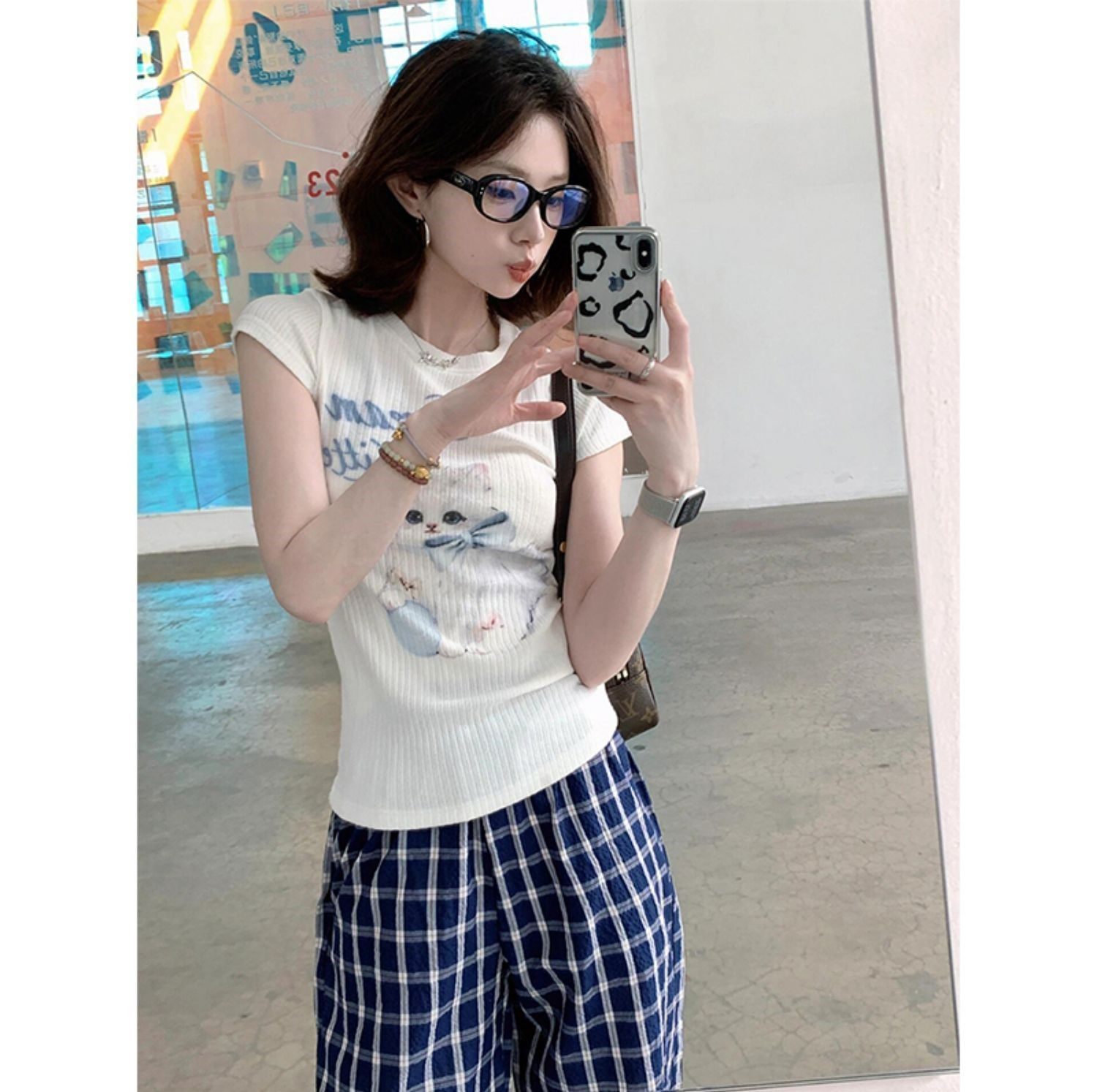 아메리칸 캐주얼 운동복 세트 여성 여름 달콤함 나비 매듭 고양이 몸매 가꾸기 긍정적 인 어깨 반팔 긴 바지 투피스 세트