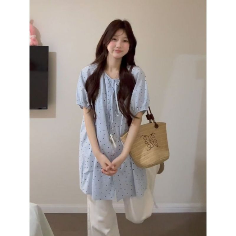 한 부서 연령 감소 소녀 캐주얼 운동복 세트 여성 여름 느긋한 작은 청신 도트 무늬 셔츠 긴 바지 투피스 세트