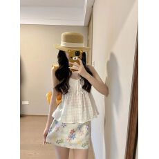 批发法式复古彩色晕染印花半身裙女夏季百搭高腰显瘦包臀短裙子