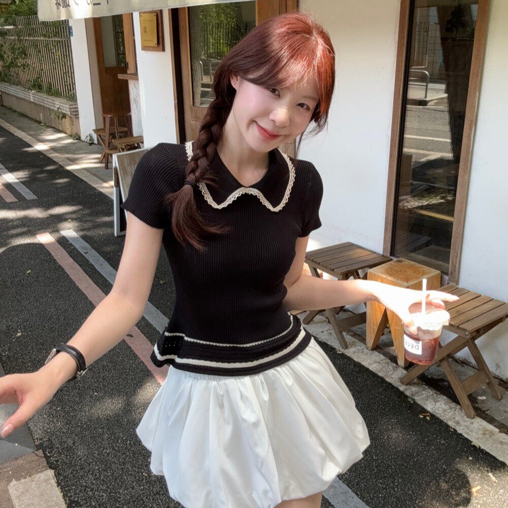 2026 년 여름 새로운 다용도 외국 가스 패션 작은 샤넬 스타일 베이비 칼라 배색 니트 반팔