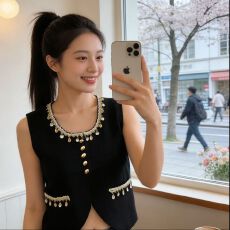 批发2026年夏季新款百搭洋气时尚小香风金属扣精致的<b class='q'>贝壳</b>装饰马甲开衫
