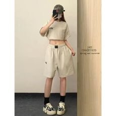 批发港风炸街休闲<b class='q'>运动服</b>套装女夏季学生时尚<b class='q'>宽松</b>短袖短裤小个子两件套