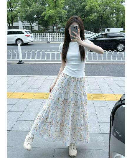 소녀 달콤함 캐주얼 스포츠 슈트 여성 여름 미니멀리즘 긍정적 인 어깨 반팔 티셔츠 꽃무늬 반신 롱 스커트 투피스 세트