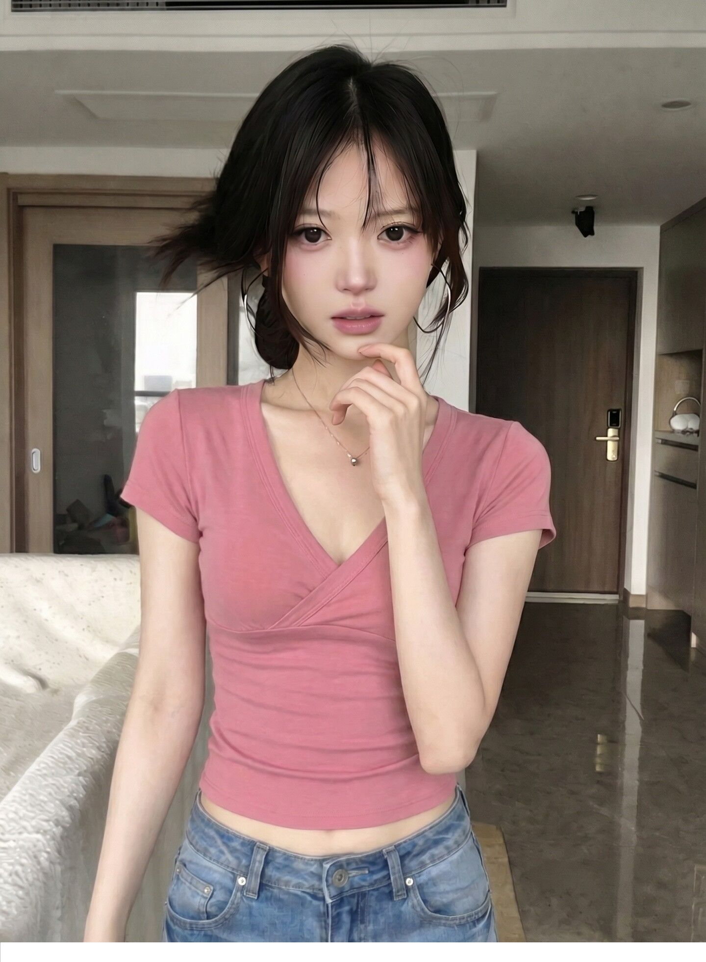 1 1 모달 한 부서 십자가 V넥 긍정적 인 어깨 반팔 티셔츠 여성 여름 순수한 욕망 핫걸 몸매 가꾸기 슬림해 보이는 쇼트 스타일 맨위