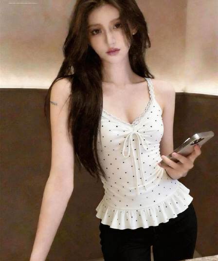 원본 원단 순수한 욕망 도트 무늬 프린트 패치워크 레이스 밑단 화이트 캐미솔 여름 몸매 가꾸기 슬림해 보이는 맨위