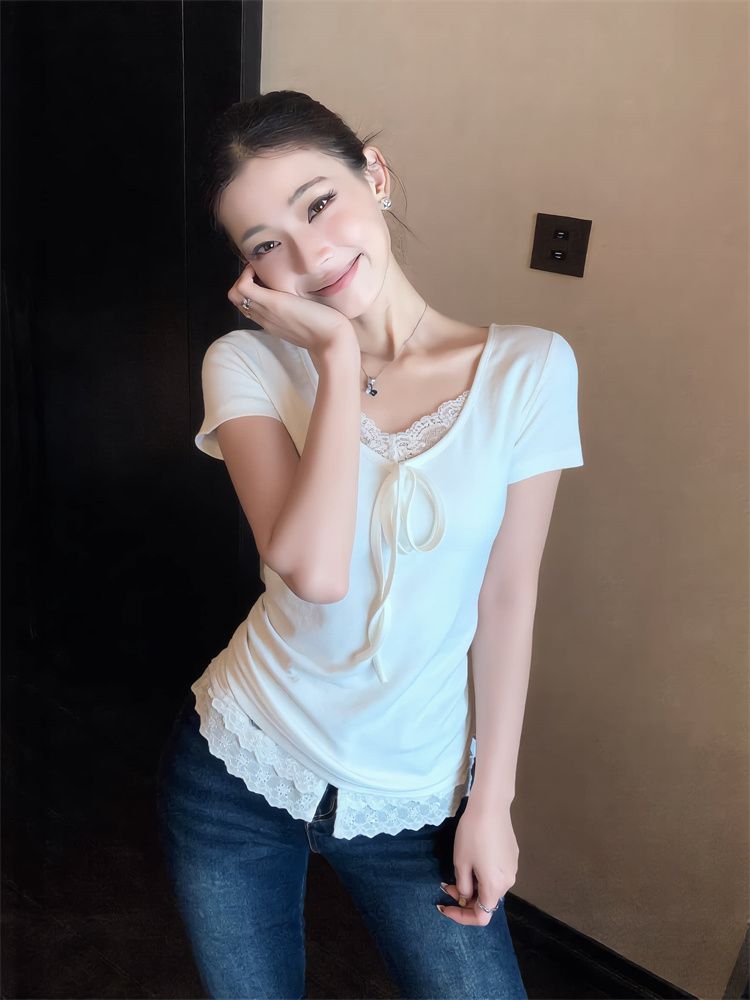 원본 원단 한 부서 핫걸 레이스 조각 반팔 V넥 티셔츠 여성 여름 몸매 가꾸기 슬림해 보이는 연령 감소 레이스업 맨위 트렌디