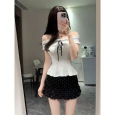 法式纯欲甜美修身一字肩上衣两件套装女设计感波点半身短裙子夏季