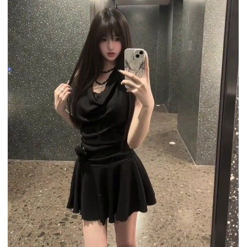 순수한 욕망 바람 핫걸 섹시함 허리 수축 행침 목 흔들다 칼라 작은 키 미니 스커트 그는 벤 바람 검정색 데이트 드레스 여름