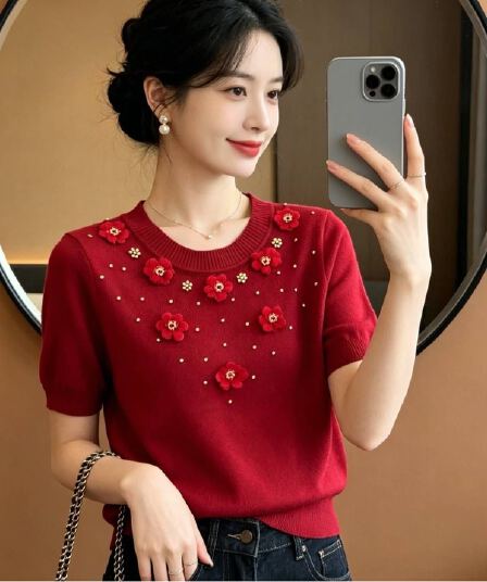 2026 년 여름 새로운 디자인 센스 한 부서 부드러운 달콤한 자매 바람 3 차원 꽃 비즈 박기 꾸밈음 풀오버 반팔