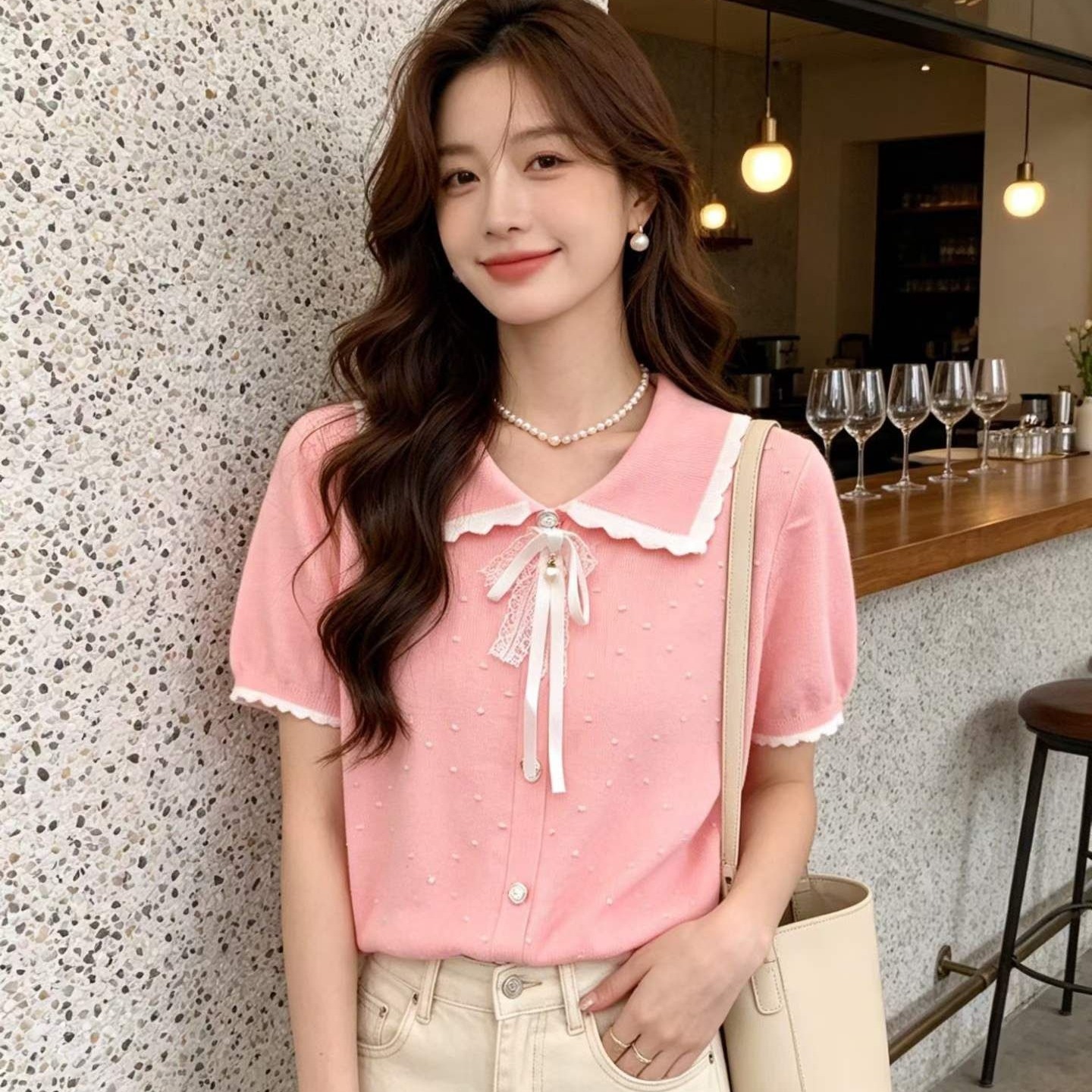 2026 년 여름 새로운 디자인 센스 한 부서 달콤함 연령 감소 베이비 칼라 나비 매듭 단추 풀오버 반팔