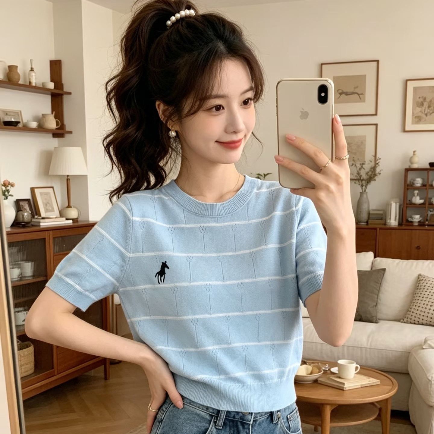 2026 년 여름 새로운 디자인 센스 한국 스타일 패션 라운드 넥 자수 배색 스트라이프 부드러운 찹쌀 홀로우 아웃 풀오버 반팔