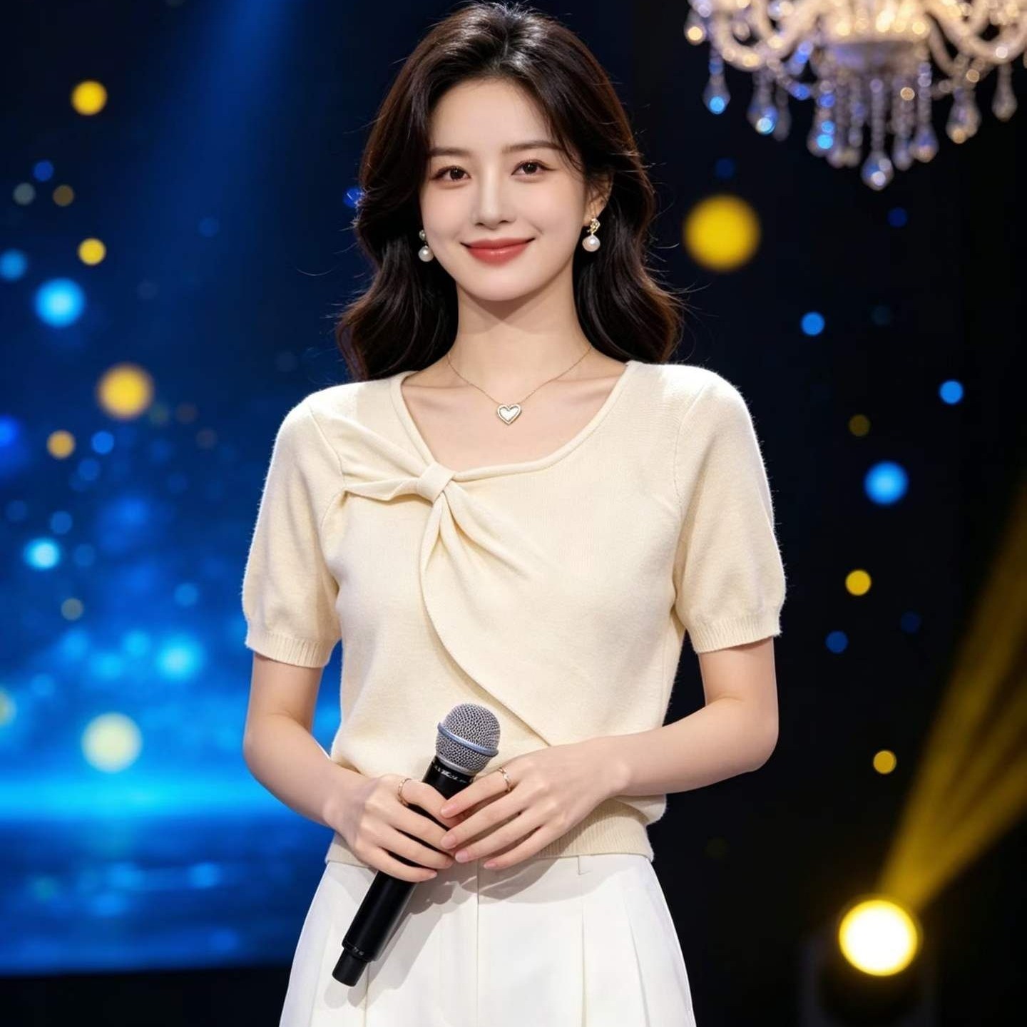 2026 년 여름 새로운 디자인 센스 달콤함 빛 럭셔리 세련된 라운드 넥 비틀림 디자인 단색 다용도 풀오버 반팔