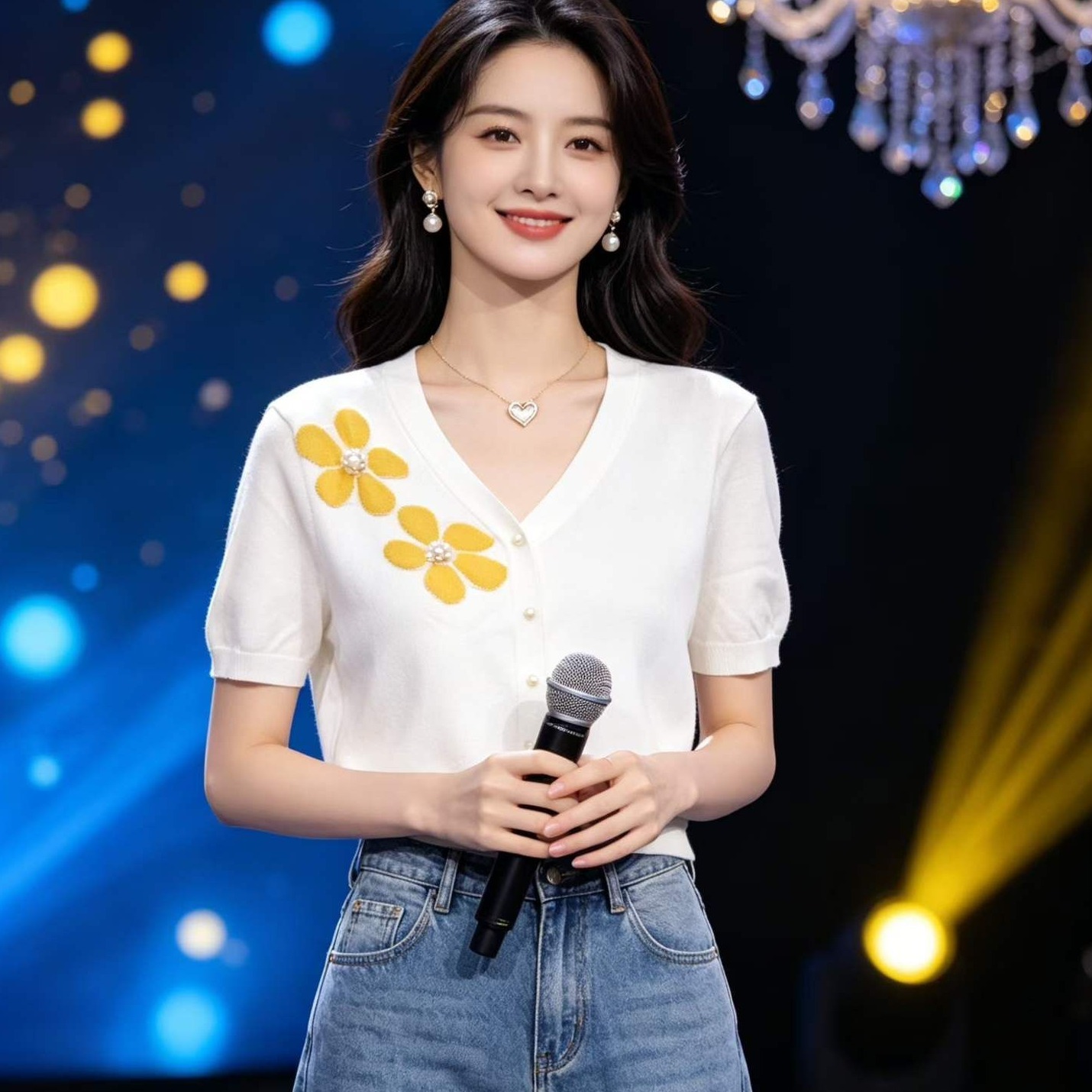 2026 년 여름 새로운 디자인 센스 한 부서 외국 가스 V넥 꽃 자카드 비즈 박기 니트 반팔 오픈 가디건