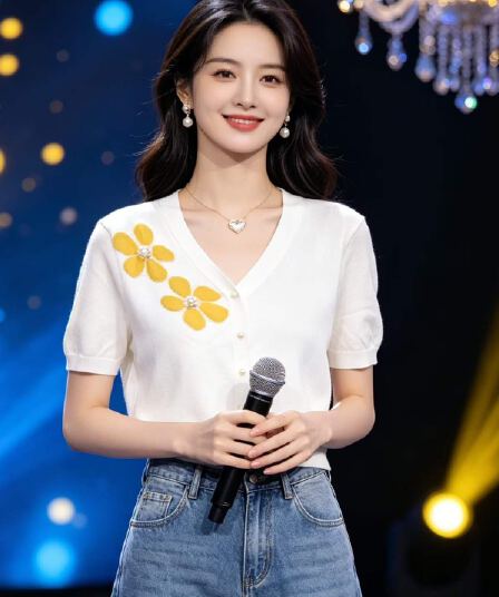 2026 년 여름 새로운 디자인 센스 한 부서 외국 가스 V넥 꽃 자카드 비즈 박기 니트 반팔 오픈 가디건