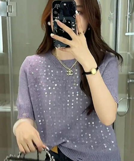 작은 샤넬 스타일 스팽글 반팔 니트 스웨터 여성 2026 새로운 여름 고급 센스 한 부서 부드러운 부서 베르사이유 맨위