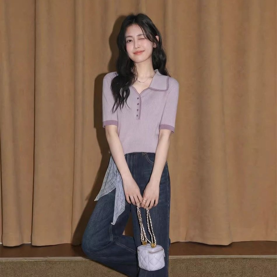 보라색 폴로 칼라 니트 스웨터 여성 여름 2026 새로운 달콤함 인사이드 가져 가라. 만나는 수 있습니다. 외출용 외국 가스 POLO 칼라 맨위