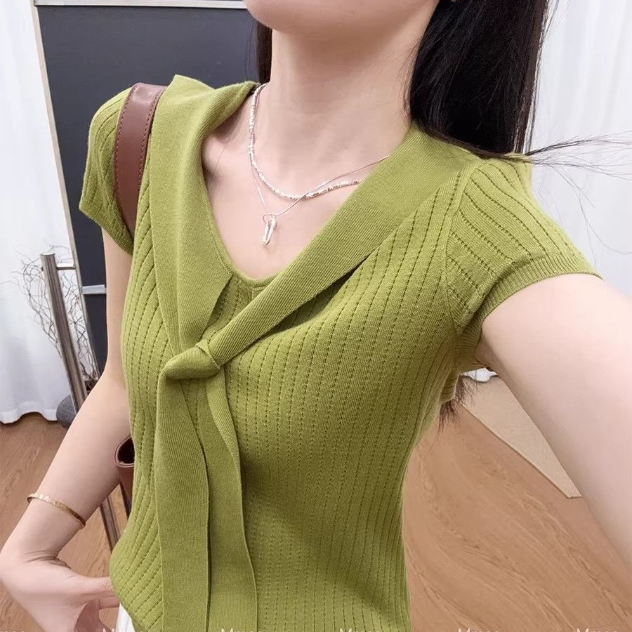 한 부서 미니멀리즘 디자인 센스 페이크 레이어드 숄 니트 스웨터 반팔 여성 2026 여름 새로운 홀로우 아웃 쇼트 스타일 맨위
