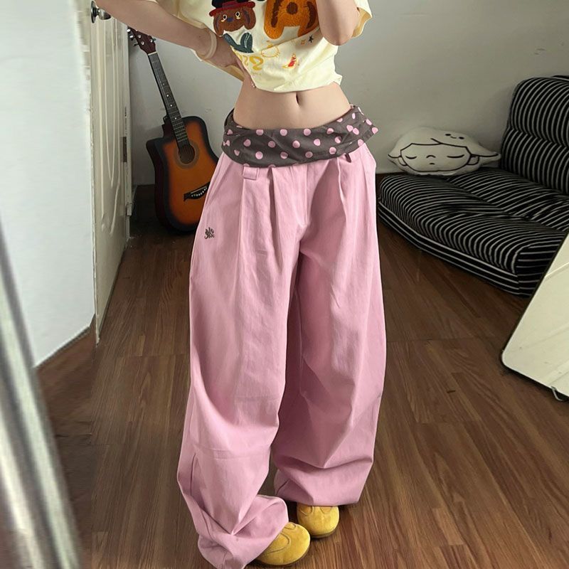 광저우 원단 목화 패브릭 여름 새로운 도파민 도트 무늬 허리 머리 패치워크 넓은 다리 루즈핏 캐주얼 바지