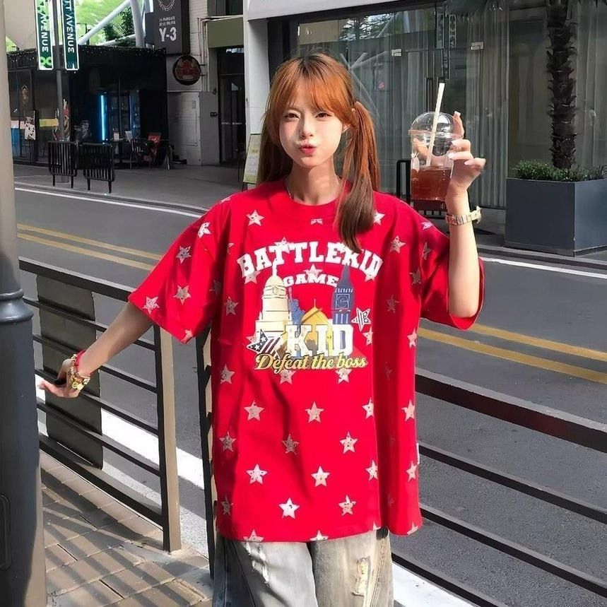 원본 은 분말 프린트 순면 220 그램 반팔 티셔츠 여성
