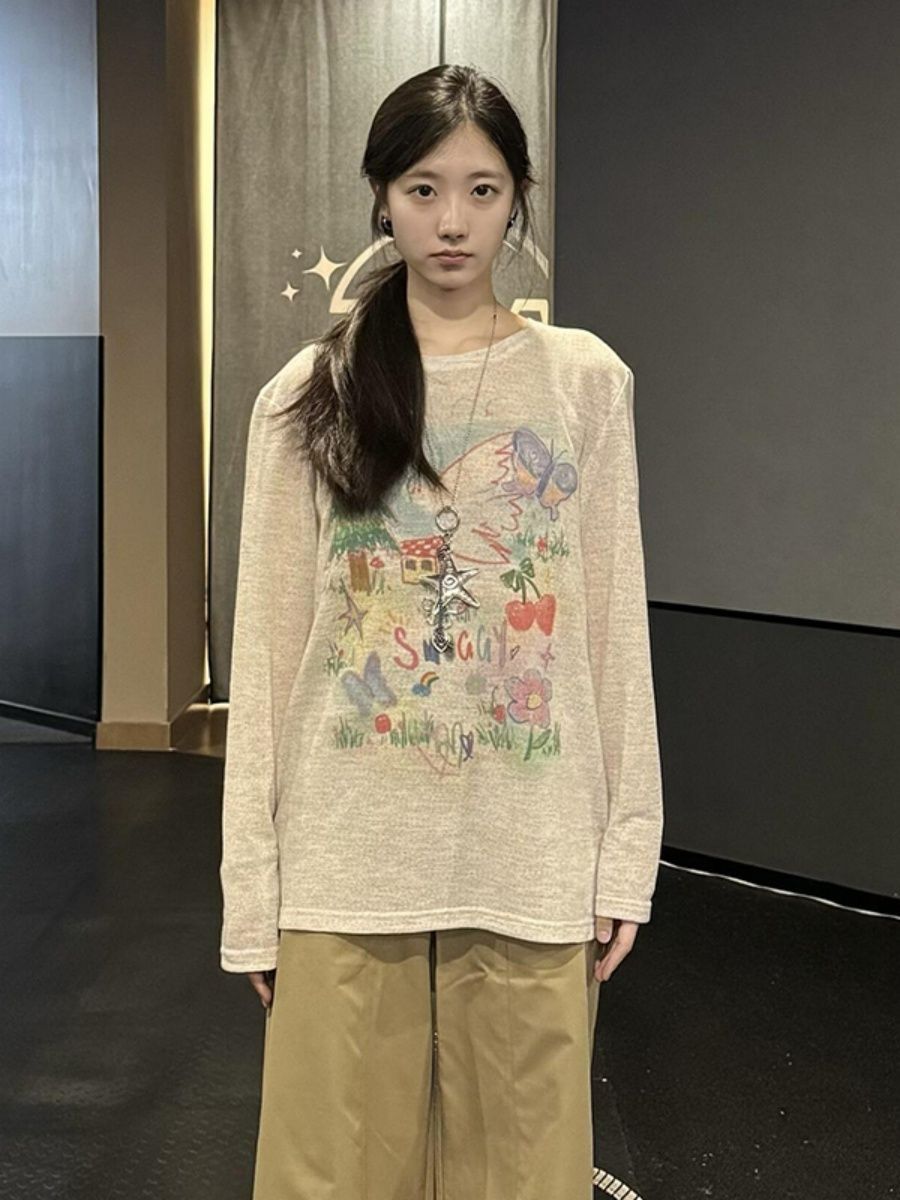 광저우 원본 원단 색상 수채화 낙서 자외선 차단 블라우스 여성 망사 루즈핏 긴 소매 티셔츠