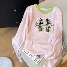 莱赛尔雪花棉165克~撞色印花长袖T恤女夏慵懒风宽松休闲防晒上衣