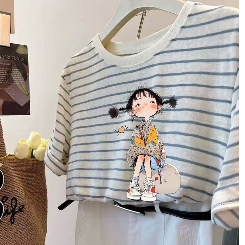 한 부서 밝은 디스플레이 화이트 스트라이프 프린트 편안함 마이크로 ~을 통해 반팔 티셔츠 여성 레저 맨위 여름