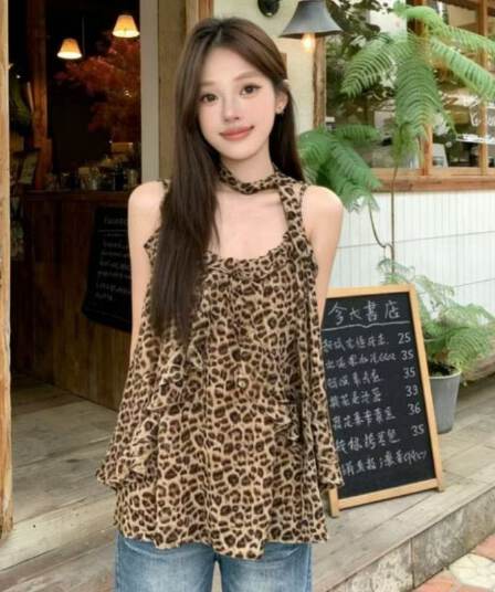 진주 쉬폰 디지털 프린트 플러스 네리 리본 루즈핏 레오파드 무늬 프린트 캐미솔 맨위 여성