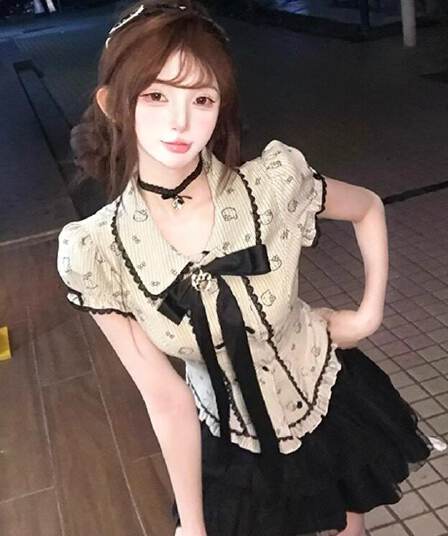 일본식 달콤함 학원 스타일 나비 매듭 반팔 허리 수축 셔츠 맨위 여성 하이웨이스트 퍼프 케이크 드레스 두 세트 로드 중