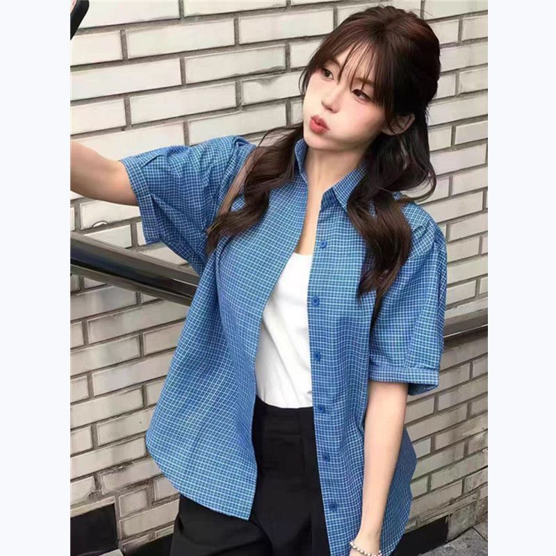 품격 아메리칸 레트로 파란색 체크무늬 반팔 여성 셔츠 여름 새로운 루즈핏 다용도 디자인 센스 캐주얼 맨위