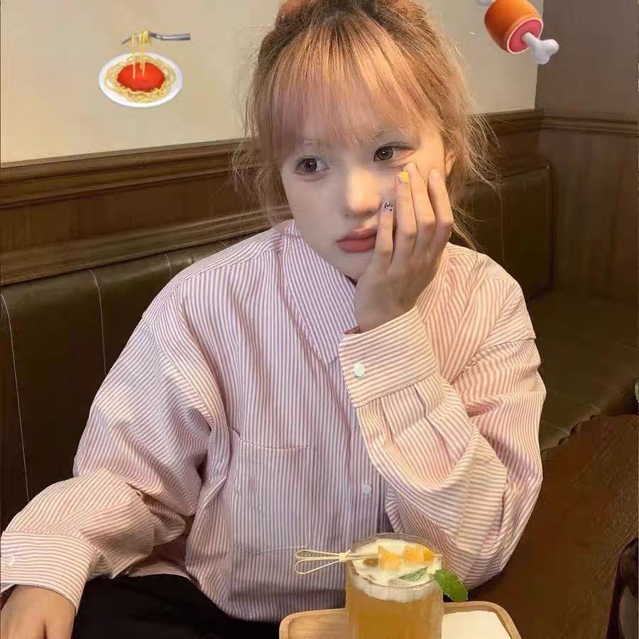 프랑스식 레트로 핑크색 스트라이프 여성 셔츠 봄 가을 새로운 고급 센스 루즈핏 캐주얼 연령 감소 긴팔 작은 대중 맨위